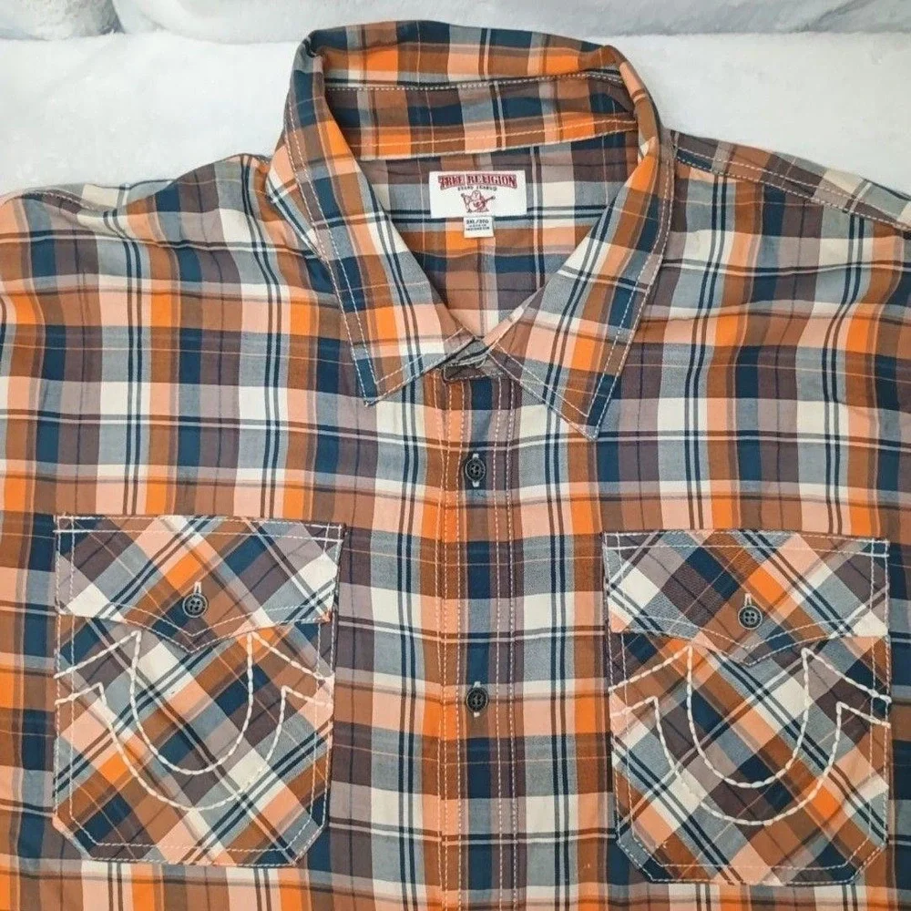 True Religion Shirt Mens 3XL Orange Plaid Button-Up Long Sleeve School Work